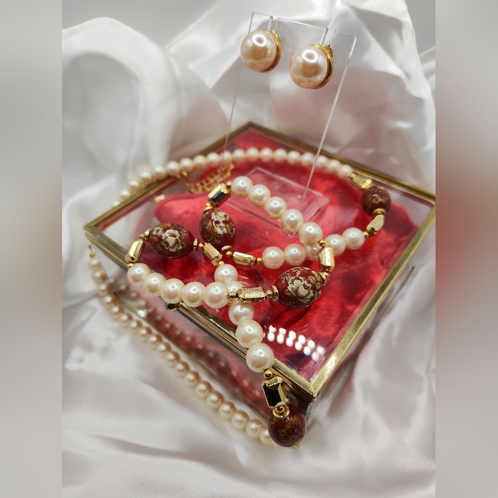 Japan Faux Pearl, Painted Bead Necklace With Avon Button Pearl Pierced Earrings